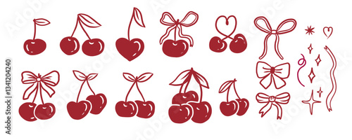 Set of red cherries with bows. Cute vintage elements collection. Flat vector illustrations set. Trendy chery vibe for design.