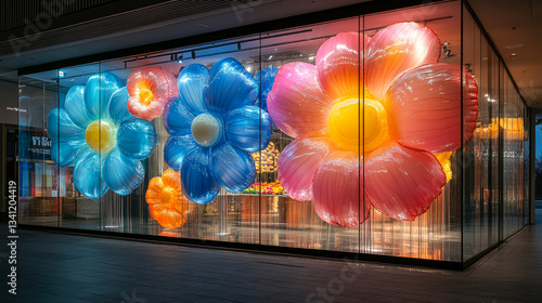 Colorful flower installations adorn a shop window in an urban setting at night
