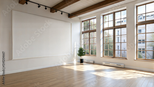 Bright empty room with hardwood floors and large windows bathed in sunlight. Spacious interior with white walls, wooden ceiling beams, and small potted plant in corner. Concept: real estate, interior 