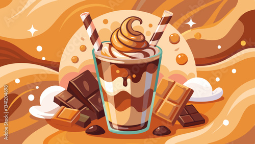 A creamy chocolate milkshake topped with whipped cream and drizzled chocolate, surrounded by chocolate pieces on a subtle background.