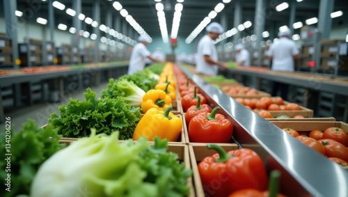 Planta procesadora de alimentos con hileras de verduras frescas, como lechuga crujiente, pimientos morrones y tomates, que se mueven a lo largo de una cinta transportadora de acero inoxidable