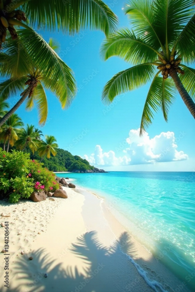 Obraz premium Chic beachfront resort, pristine sand, lush palms , ocean view, south pacific