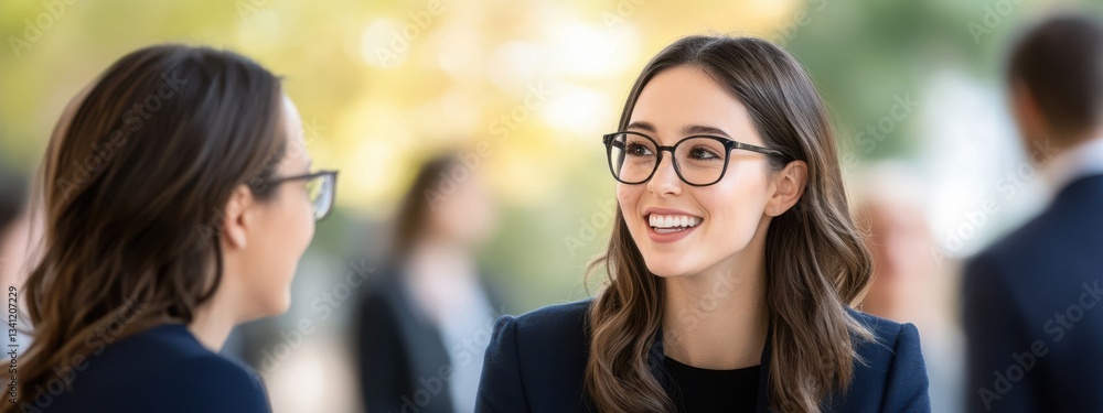 Professional Women Engaging in Conversation with Smiles Outdoors Professional Women Engaging in Conversation with Smiles Outdoors