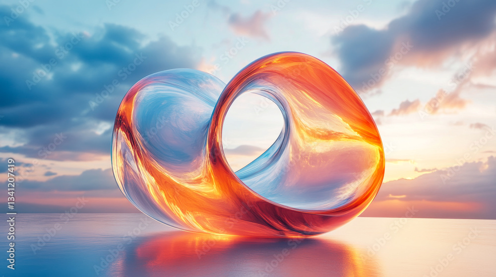 Sculpture of intertwined colors reflecting sunset over calm water