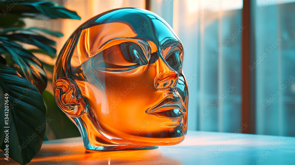 Sculptural glass head reflecting warm light in a modern interior space