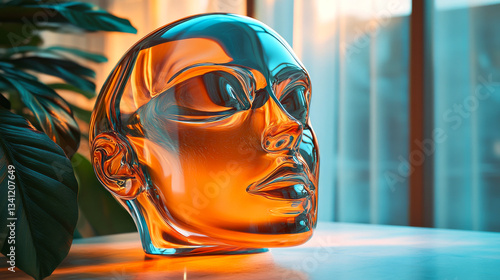Sculptural glass head reflecting warm light in a modern interior space