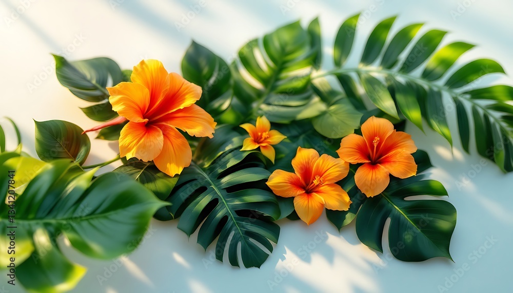 Fototapeta premium Vibrant Orange Hibiscus Flowers and Tropical Green Leaves on White Background