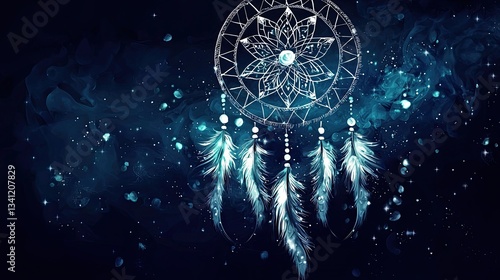 an abstract dreamcatcher design filled with white patterns.
