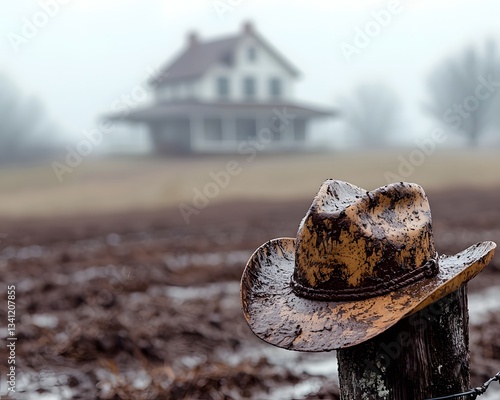 Weathered farmer s hat on a muddy fence post in a rural field