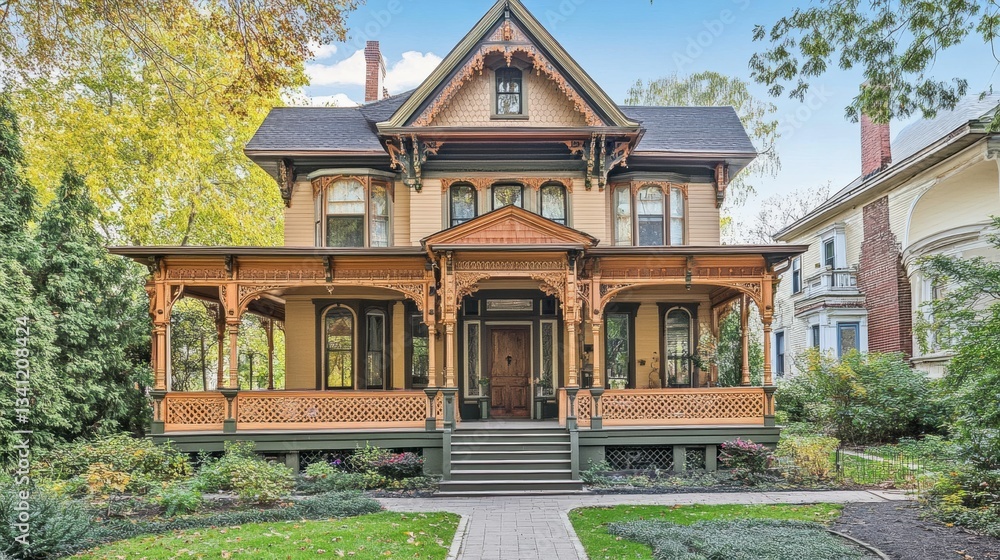 Fototapeta premium A Victorian home in the middle of a restoration project, showcasing its ornate woodwork and refreshed paint