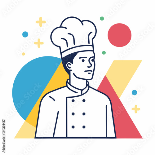Chef in white toque gazes confidently among geometric shapes. Minimalist cooking professional with serious expression in modern setting. Concept: restaurants, culinary schools, food blogs.
