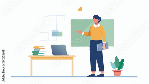 Teacher gestures while explaining lesson in front of chalkboard. Education professional holding books stands near laptop and potted plant in modern classroom. Concept: education, schools, online learn
