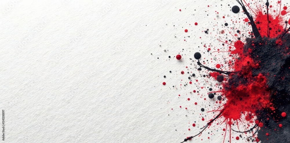 Fototapeta premium Distressed black ink splatters on white, textured paper , pattern, material, worn