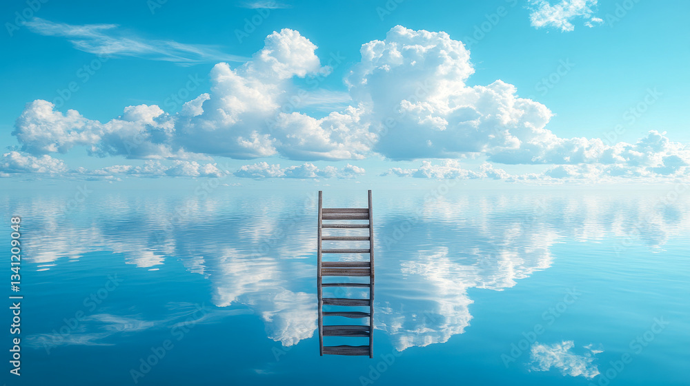 Stairs rising from calm water under a bright blue sky with fluffy clouds reflecting