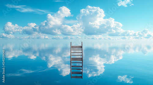 Obraz na płótnie Stairs rising from calm water under a bright blue sky with fluffy clouds reflecting w salonie