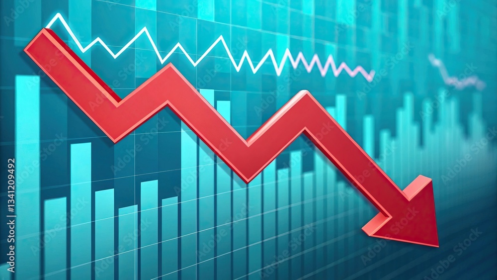 Fototapeta premium Economic recession impacts businesses, employment, and market stability. A red downward trend line overlaid on a blue graph, indicating a decline in data or market performance.