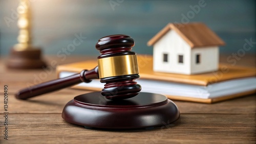 Wallpaper Mural Economic recession impacts businesses, employment, and market stability. A gavel rests on a wooden surface next to a small house model and a book, symbolizing law, real estate, and legal proceedings. Torontodigital.ca