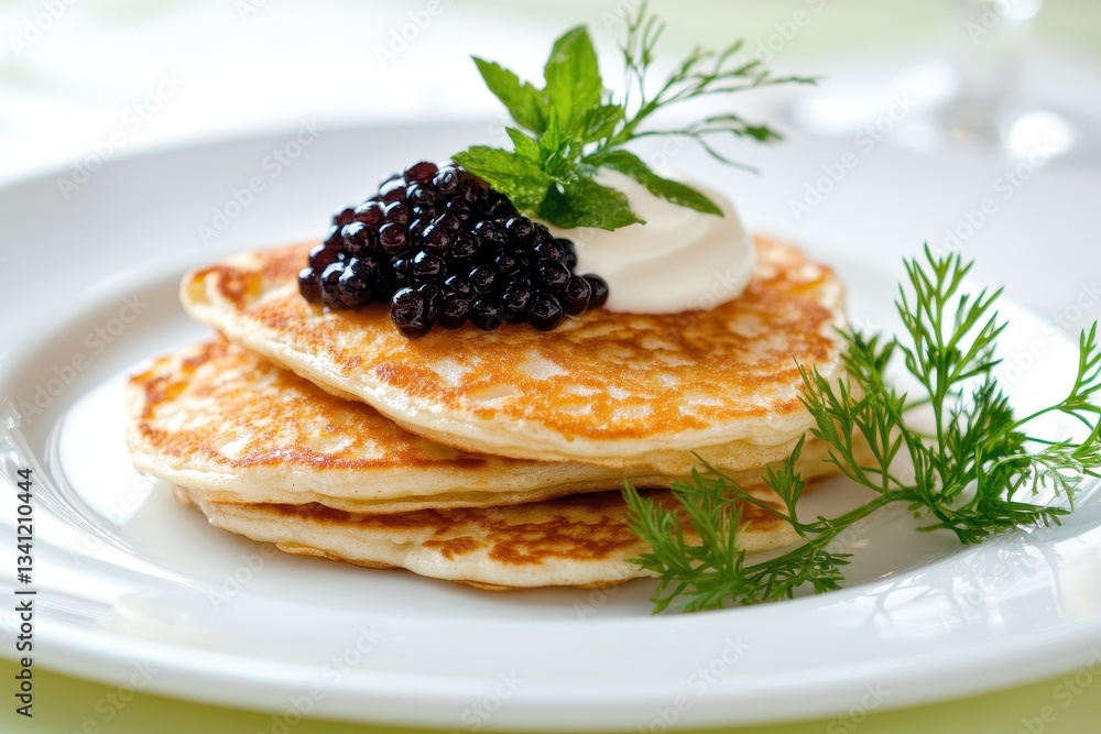 Delicious Pancakes Topped with Cream, Berries, and Fresh Mint on a White Plate Delicious Pancakes Topped with Cream, Berries, and Fresh Mint on a White Plate