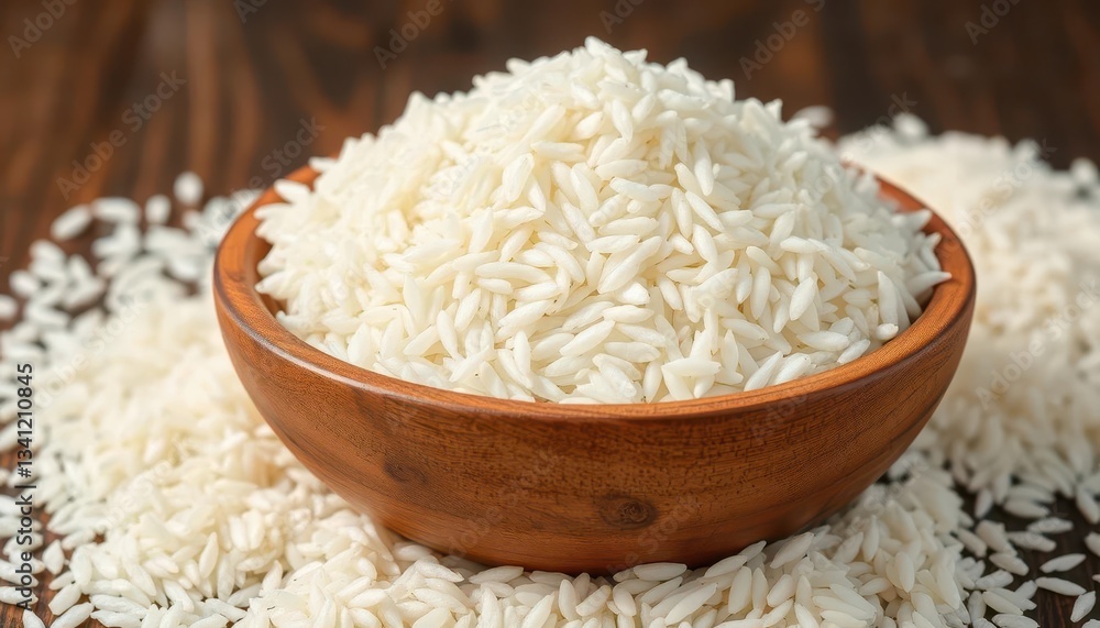 Rustic wooden bowl overflowing with uncooked white rice, japan, nutrition Rustic wooden bowl overflowing with uncooked white rice, japan, nutrition