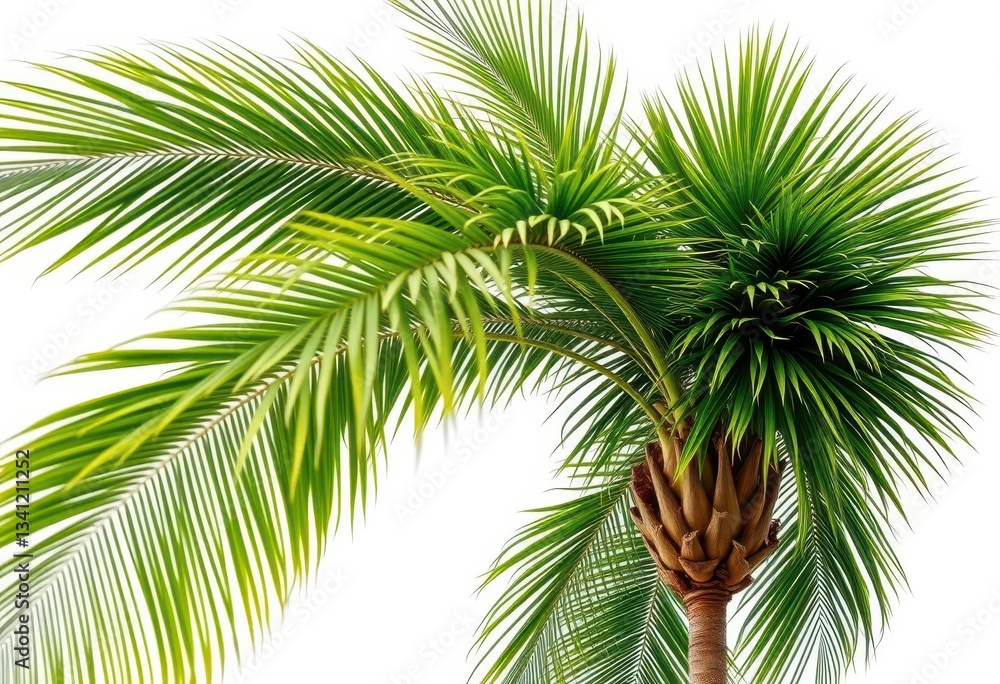 Fototapeta premium Single, lush palm tree, isolated against pure white background, caribbean, branches