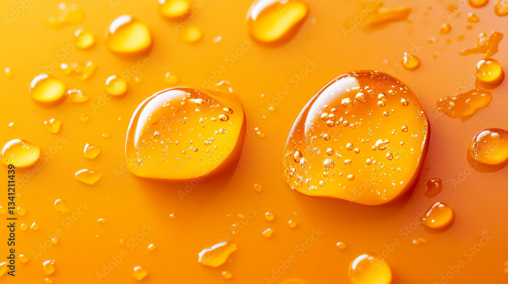 Close up view of water droplets on an orange surface with reflections