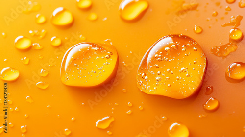 Obraz na płótnie Close up view of water droplets on an orange surface with reflections w salonie