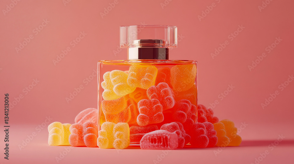 Colorful gummy bear candy arranged beautifully in a clear glass bottle on a pink background
