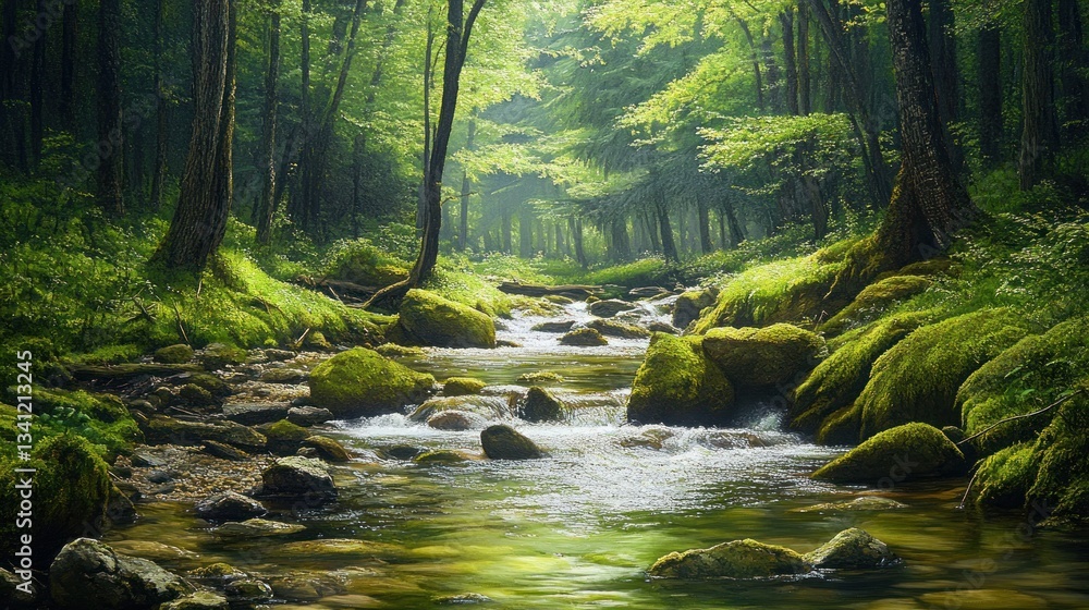 Obraz premium Misty forest stream flowing through mossy rocks
