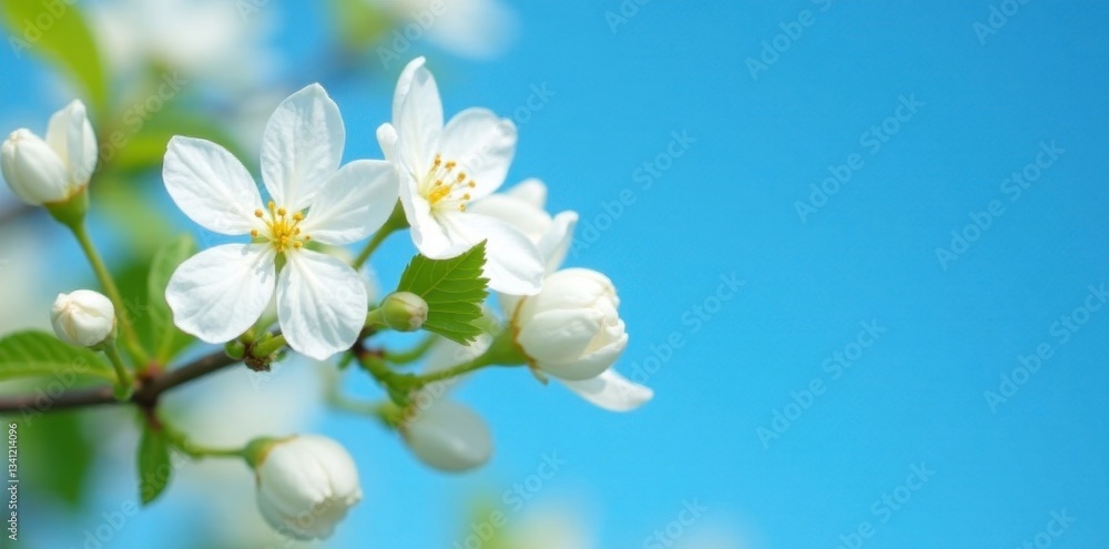 Fototapeta premium Delicate white jasmine blossoms against vibrant blue sky, petals, element, wallpaper