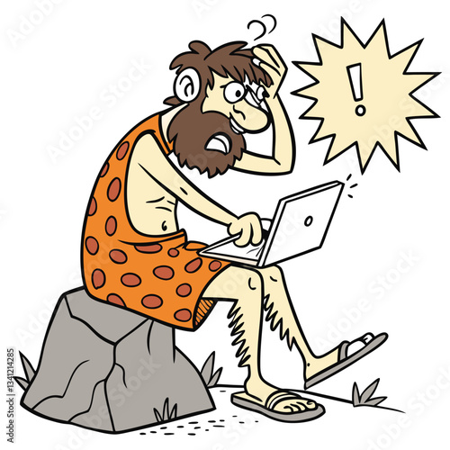Frustrated Caveman Using Laptop: Prehistoric Tech Trouble mad face male work angry humor  