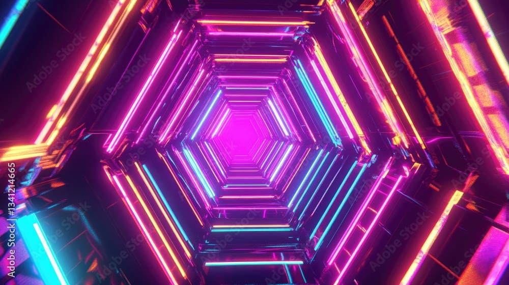 Fototapeta premium Abstract neon-lit hexagonal pattern with depth and perspective, perfect for a digital wallpaper.