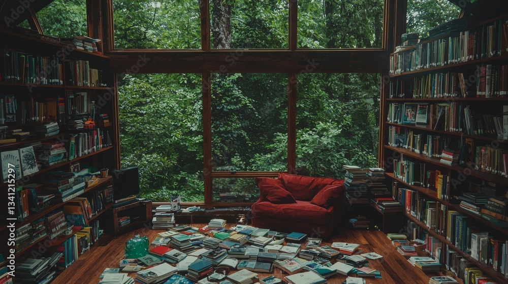 Fototapeta premium A grand and convoluted library marked by circuitous routes and mysterious recesses, where time-honored scrolls and up-to-date treatises commingle in a sphere of unending discernment and exploration,