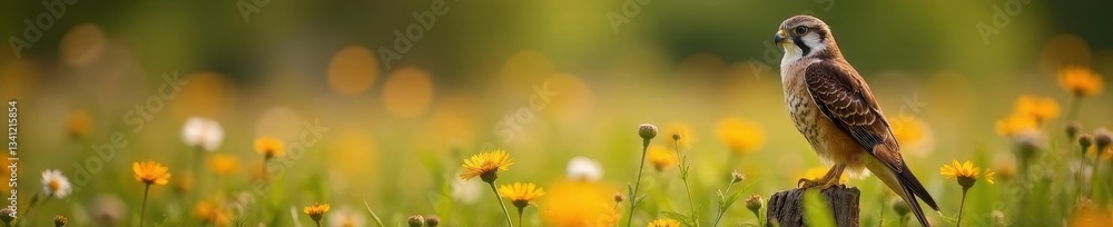 Elegant falcon perched on wildflowers, peaceful nature reserve nursery , green, graceful Elegant falcon perched on wildflowers, peaceful nature reserve nursery , green, graceful