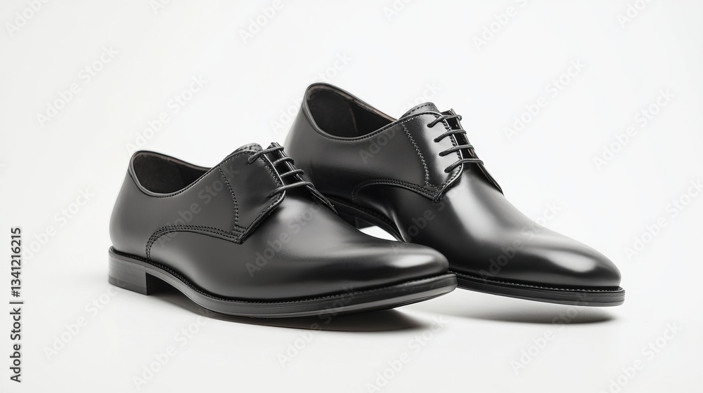 A studio-shot pair of black leather shoes displayed against a white background A studio-shot pair of black leather shoes displayed against a white background