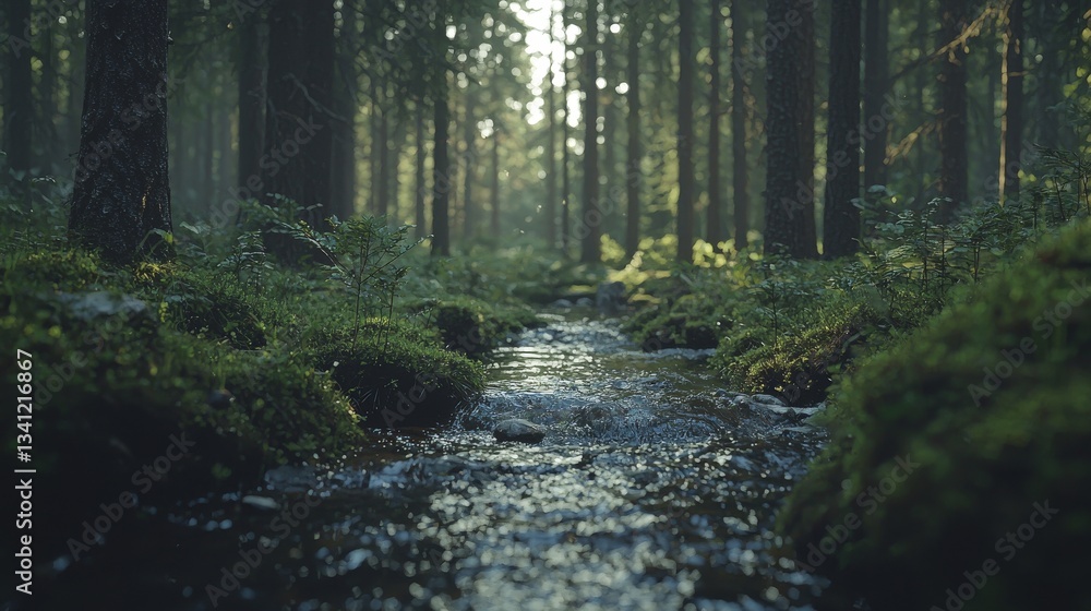 The scene of nature exploration features a majestic forest with sunbeams, a wild creek crossing, and golden morning light, along with weathered river stones and a verdant forest canopy, all captured The scene of nature exploration features a majestic forest with sunbeams, a wild creek crossing, and golden morning light, along with weathered river stones and a verdant forest canopy, all captured