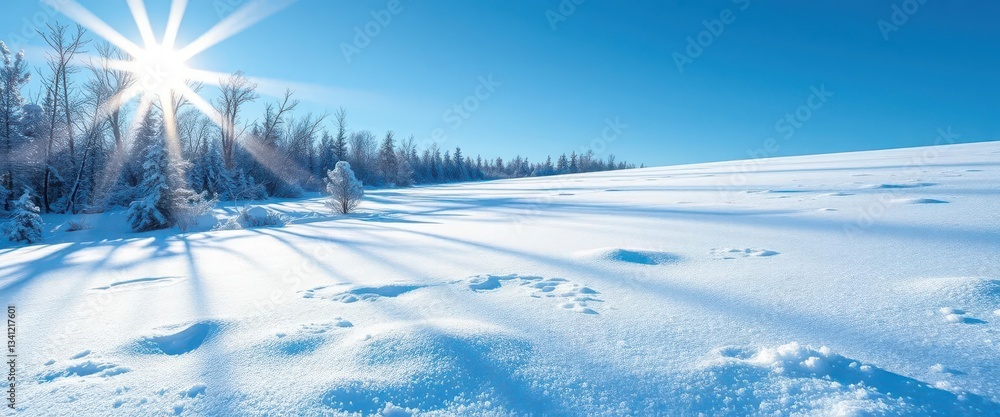 Obraz premium Soft, diffused winter sunlight on a snowy landscape with glittering ice crystals, soft light, ray of light