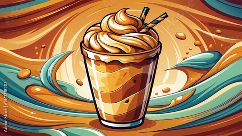 Iced caramel frappe in a glass, with smooth whipped cream and thick caramel sauce swirling down, capturing the essence of sweet indulgence
