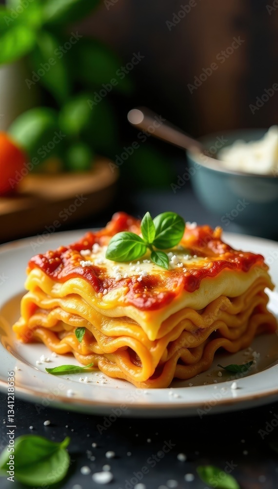 Fototapeta premium Golden-brown lasagna, vibrant basil, cozy kitchen backdrop , ricotta, tomato sauce, dinner