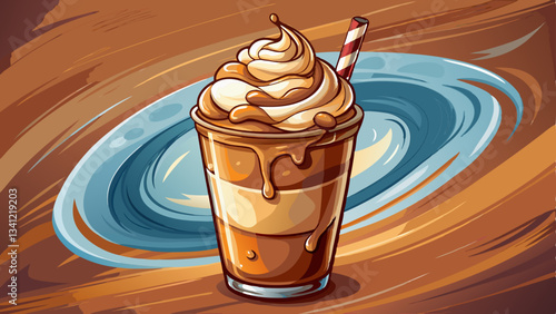 Iced caramel frappe in a glass, with smooth whipped cream and thick caramel sauce swirling down, capturing the essence of sweet indulgence