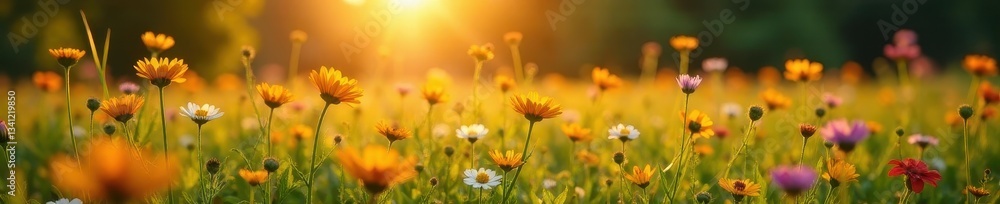 Obraz premium Golden hour light bathes vibrant wildflowers in a lush meadow , ecology, summer, countryside