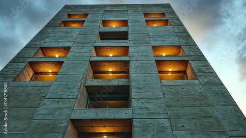 Concrete Skyscraper at Dusk: Architectural Marvel