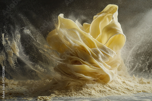 Handmade pappardelle mid-twirl, semolina flour explosion frozen in studio light, bronze die texture visible