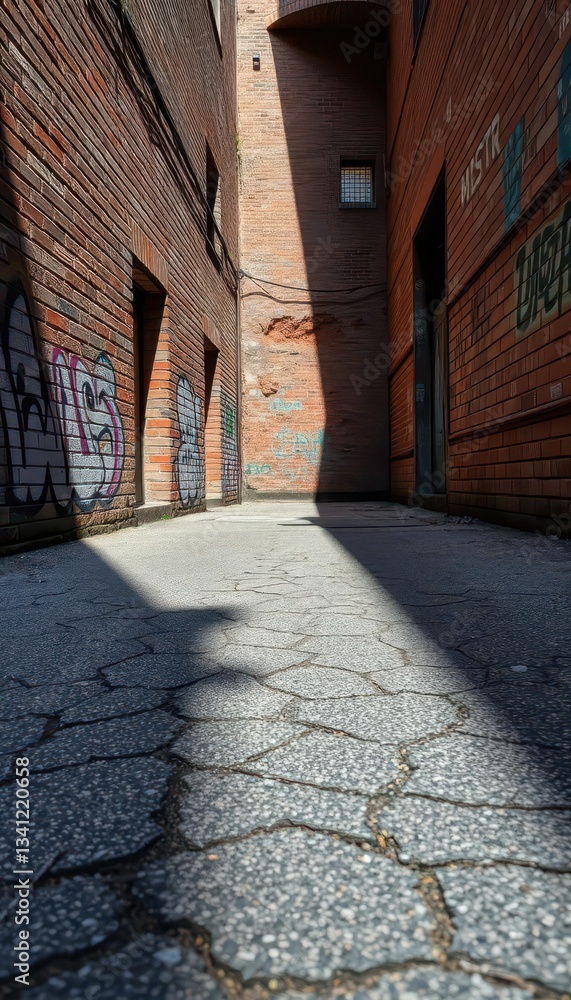 Cracked asphalt, shadowed alley, decaying brick wall, graffiti remnants, grime, alley, mysterious Cracked asphalt, shadowed alley, decaying brick wall, graffiti remnants, grime, alley, mysterious