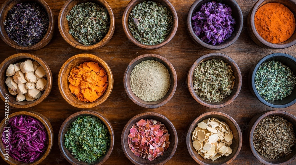 Early Detection Service Strength Design. Variety of spices in wooden bowls arranged on a wooden table. Early Detection Service Strength Design. Variety of spices in wooden bowls arranged on a wooden table.
