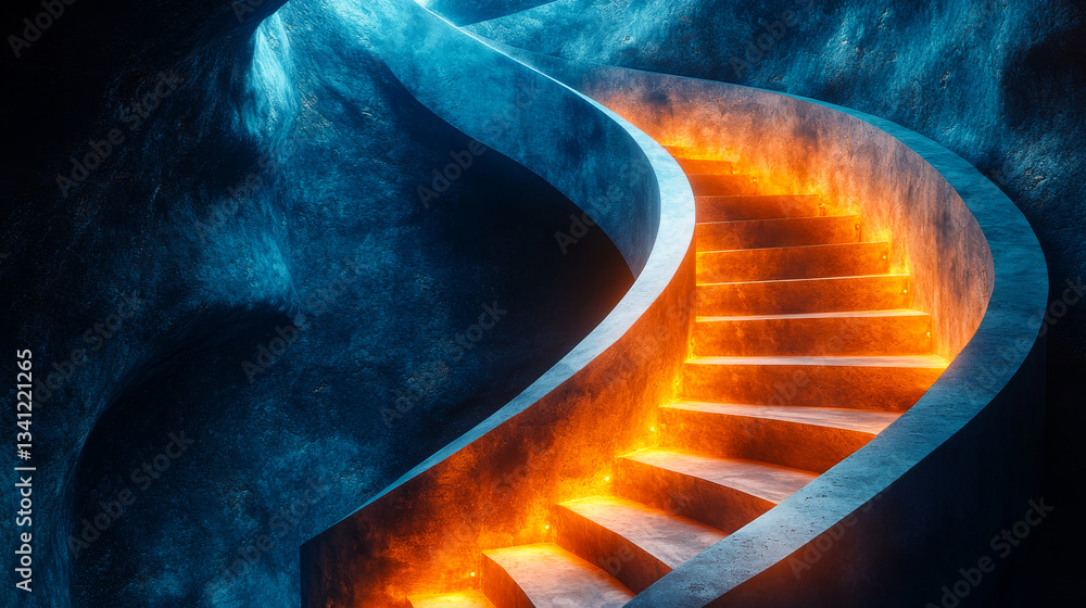 Creative spiral staircase with glowing steps in a mystical cave setting at twilight