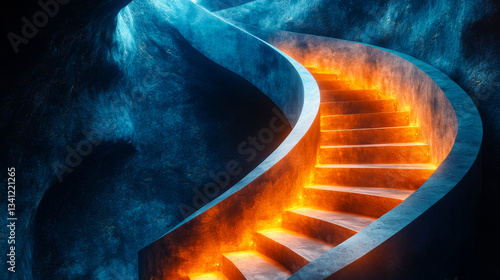 Obraz na płótnie Creative spiral staircase with glowing steps in a mystical cave setting at twilight w salonie