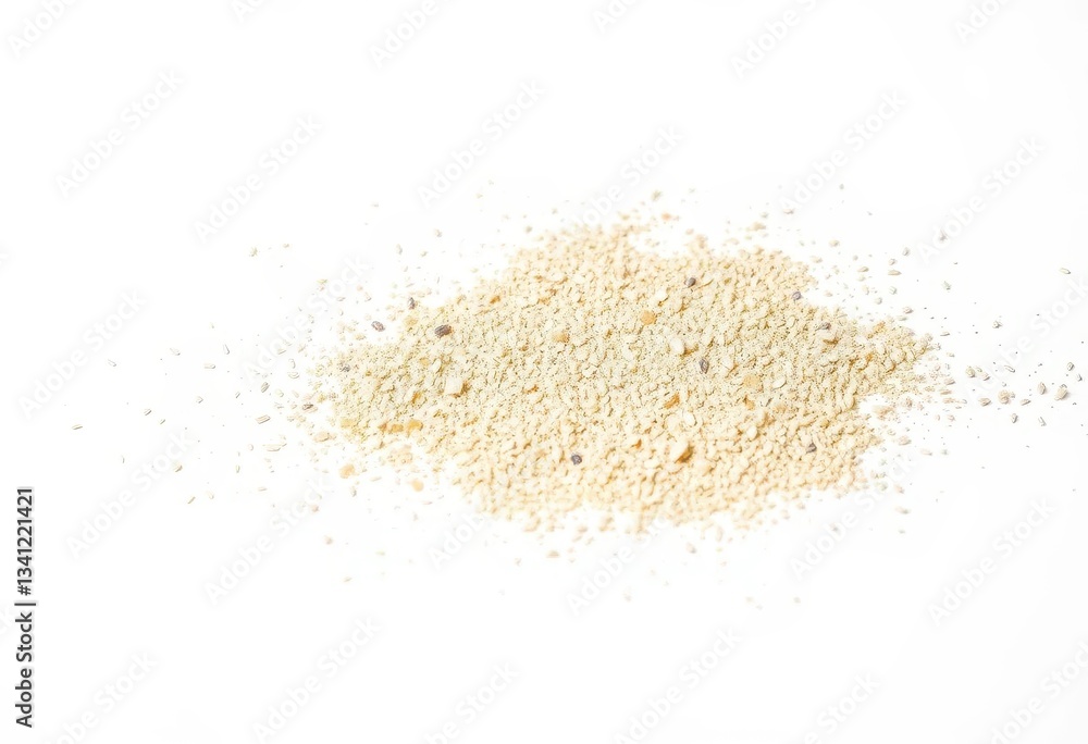 Fine sand grains dispersed against a stark white backdrop, grains, sand Fine sand grains dispersed against a stark white backdrop, grains, sand