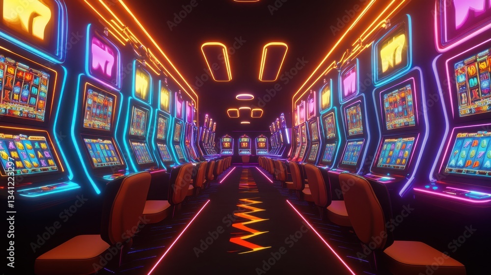 Neon Nights: A dazzling 3D render of a vibrant casino interior, filled with rows of glowing slot machines, creating an electrifying atmosphere. Neon Nights: A dazzling 3D render of a vibrant casino interior, filled with rows of glowing slot machines, creating an electrifying atmosphere.