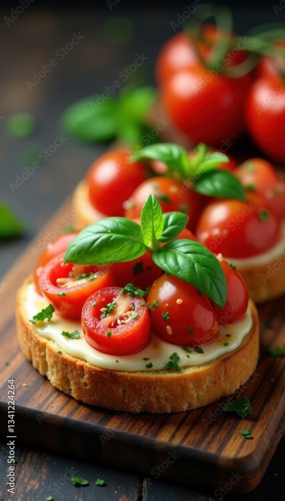 Juicy tomatoes and fresh basil atop toasted bread, vibrant colors, summer food Juicy tomatoes and fresh basil atop toasted bread, vibrant colors, summer food