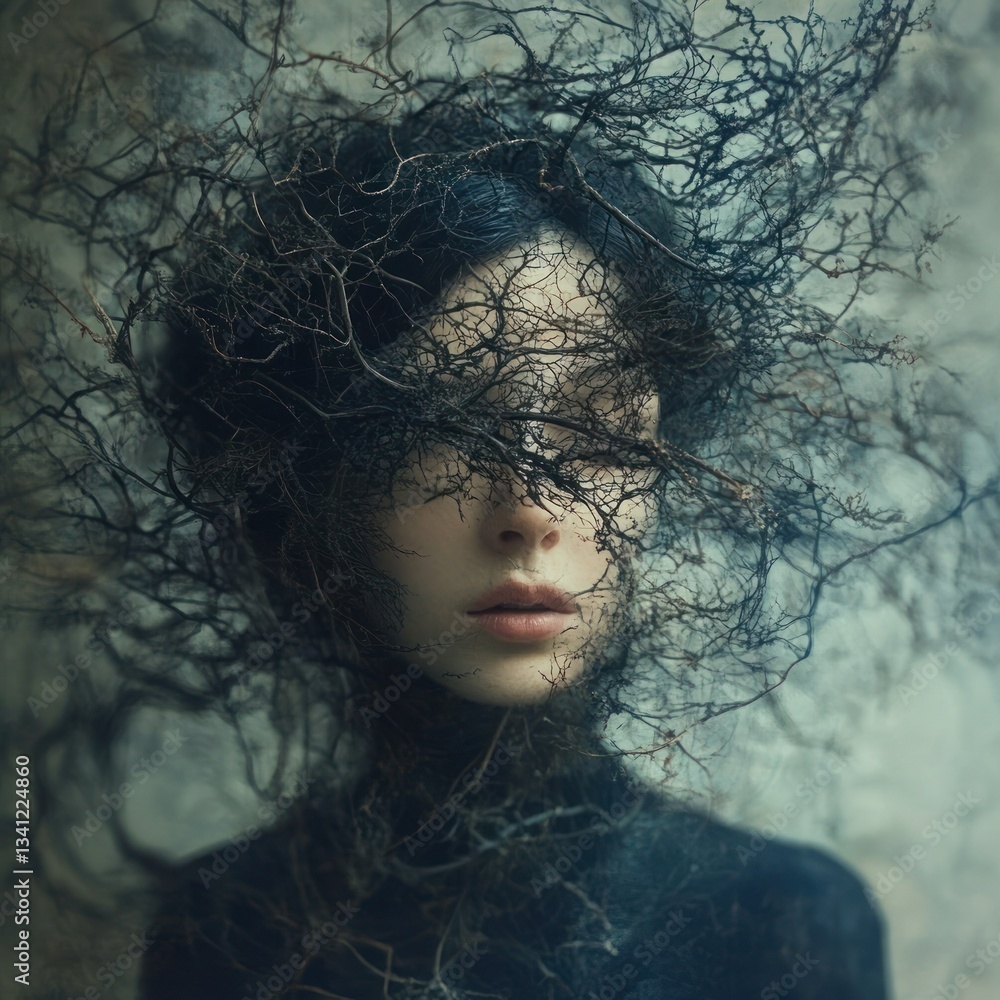 Fototapeta premium Woman veiled in dark branches, ethereal portrait